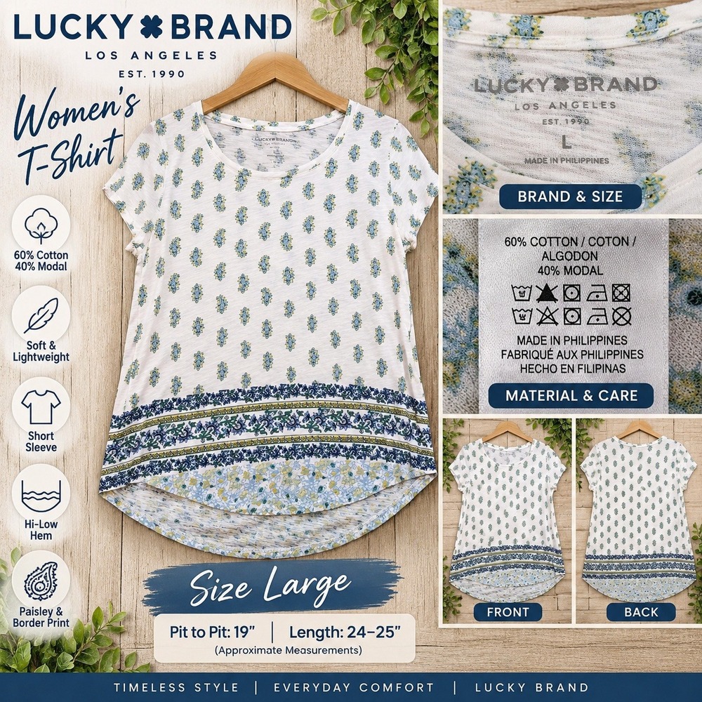 Lucky Brand Womens Large Paisley Border Print Hi-Low T-Shirt White Blue Green